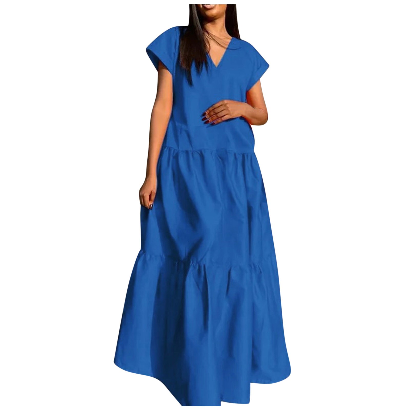 thumbnail image 1 of Vestido largo de verano liso con cuello en V para mujer: estilo étnico retro, ligero y cómodo para la playa o una fiesta, talla real, disponible en negro, verde y naranja, 1 of 6